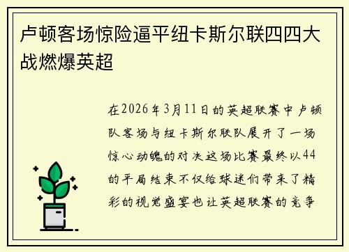 卢顿客场惊险逼平纽卡斯尔联四四大战燃爆英超